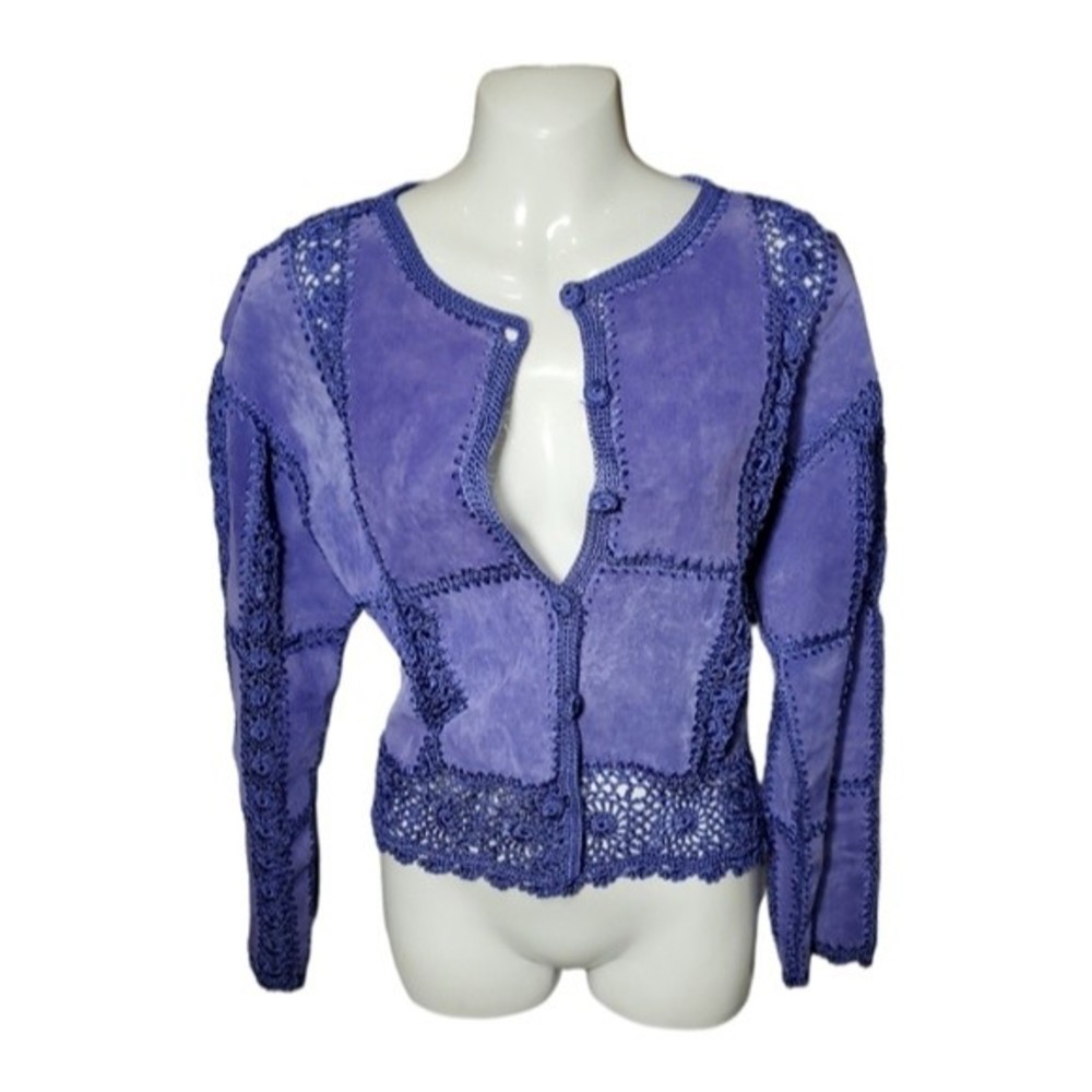 S.M.H. Boutique Leather Suede And Lace Blue Patchwork Jacket